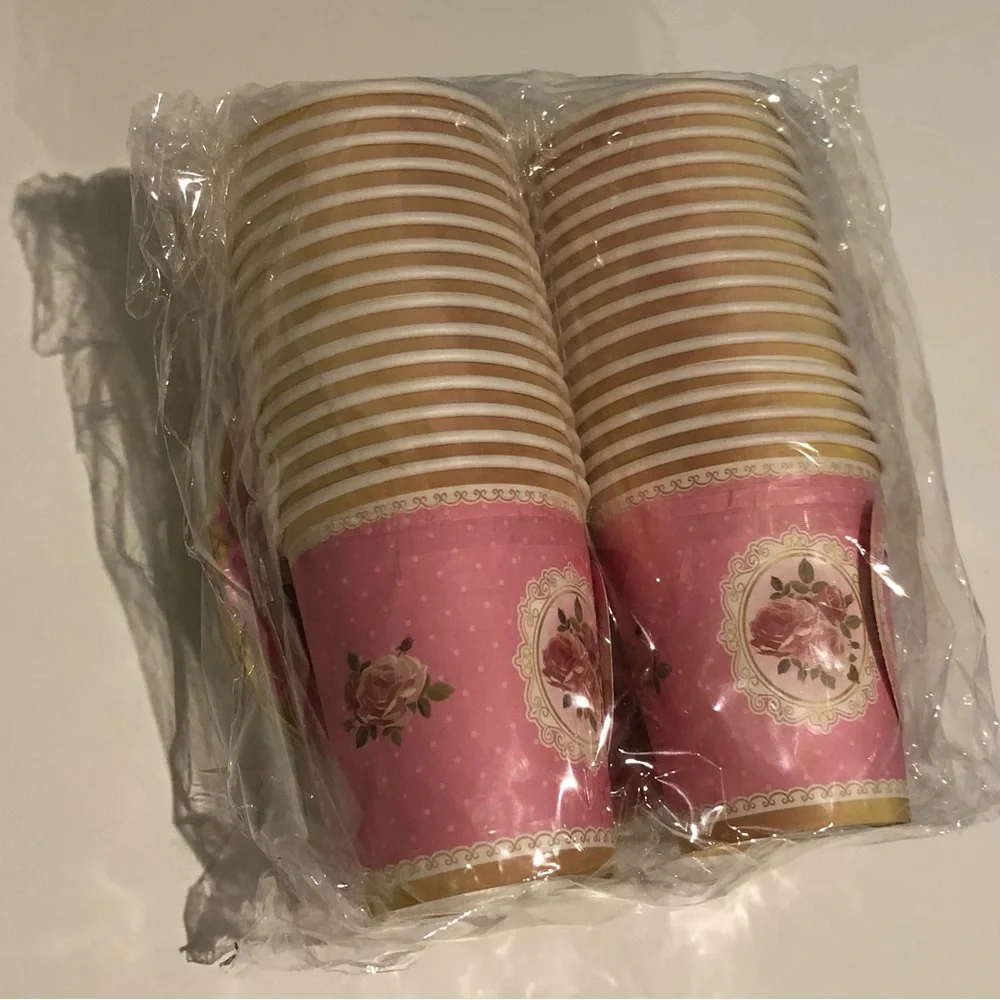 Elegant 60 PCS Pink Floral Party paper Plates and cups with handle.